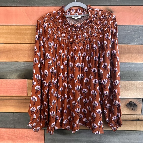 bohme Tops - BOHME Women’s Cognac Brown with Pink Purple Green Yellow White Floral Blouse